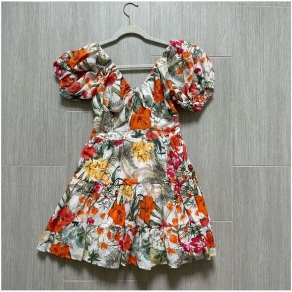 Chelsea & Violet Women's Multicolor Floral Puff Sleeve Linen Mini Dress XS - Picture 1 of 14